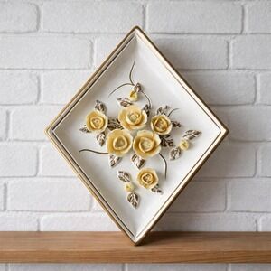 Lefton Japan 2780 Yellow Rose Ceramic Wall Plaque Gold Trim 1960s